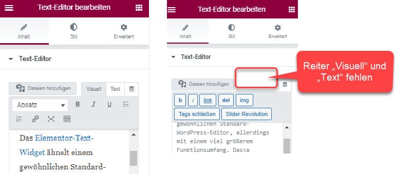 Elementor Text-Editor-Widget - Register Inhalt - Reiter "Visuell" und "Text" fehlen