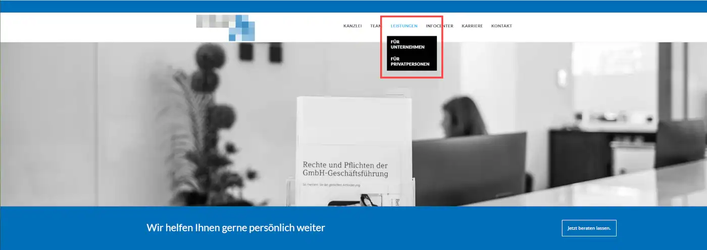 Menü mit unterschiedlichen Zielgruppen - hier als Unterpunkte